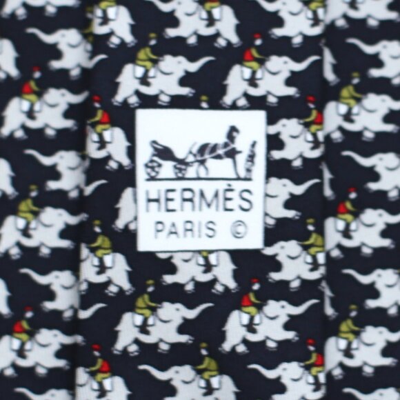 100% REAL HERMES TIE ~ BLACK w FUN GRAY RED & GREEN INDIAN ELEPHANT JOCKEYS XL - Picture 4 of 5